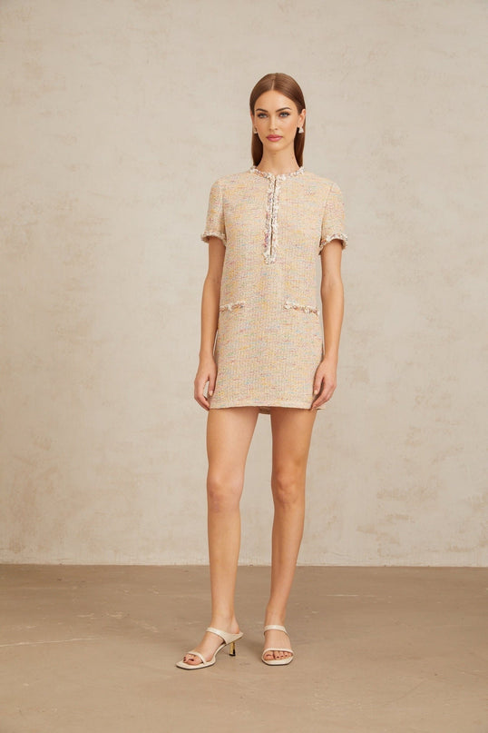 Lucia Mini Dress in Neutrals Crochet Knit with Metallic Threading and Sequin Detailing
