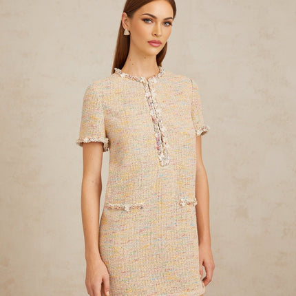 Lucia Mini Dress in Neutrals Crochet Knit with Metallic Threading, Sequin Detailing, and Embellishments