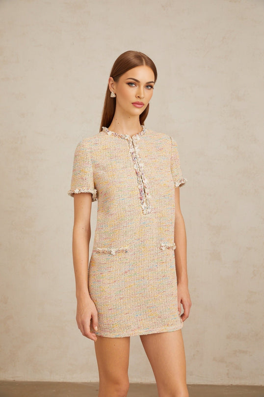 Lucia Mini Dress in Neutrals Crochet Knit with Metallic Threading, Sequin Detailing, and Embellishments