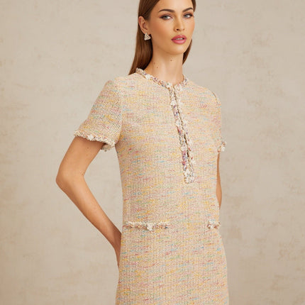 Lucia Mini Dress Neutrals Crochet Knit Metallic Sequin Bead Faux-Pearl Crystal Short Sleeves Round Neck Faux Pocket Hook Fastening Terylene Fiber Cotton Elegance Contemporary Style