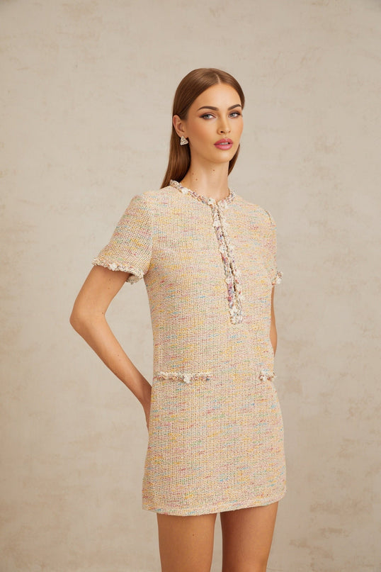 Lucia Mini Dress Neutrals Crochet Knit Metallic Sequin Bead Faux-Pearl Crystal Short Sleeves Round Neck Faux Pocket Hook Fastening Terylene Fiber Cotton Elegance Contemporary Style