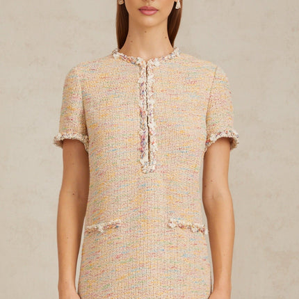 Lucia Neutrals Crochet Knit Mini Dress with Metallic Threading and Sequin Detailing