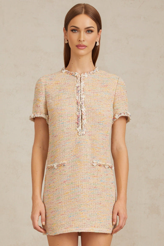 Lucia Neutrals Crochet Knit Mini Dress with Metallic Threading and Sequin Detailing