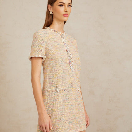 Lucia Neutrals Crochet Knit Mini Dress with Metallic Threading and Sequin Detailing