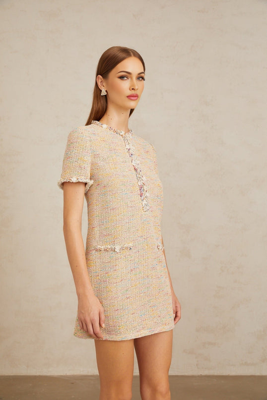 Lucia Neutrals Crochet Knit Mini Dress with Metallic Threading and Sequin Detailing