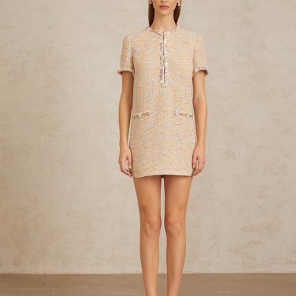 Lucia Neutrals Crochet Knit Mini Dress with Metallic Threading and Sequin Detailing