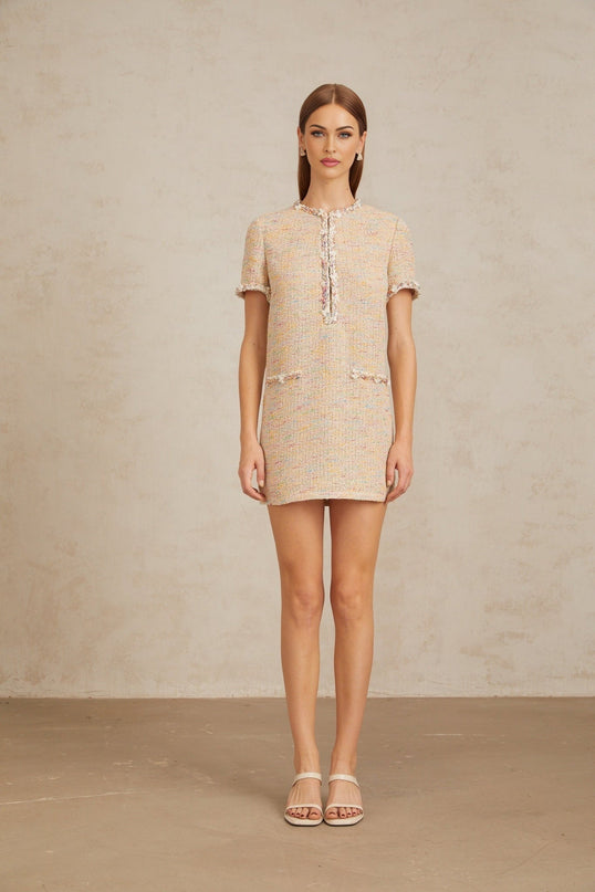 Lucia Neutrals Crochet Knit Mini Dress with Metallic Threading and Sequin Detailing