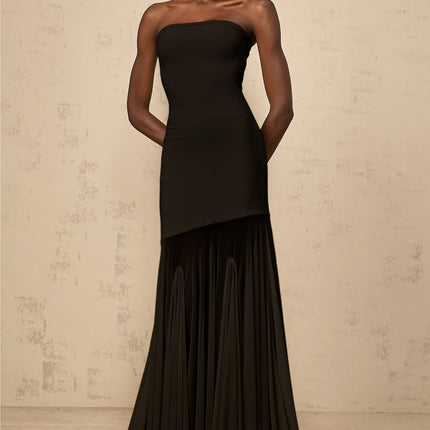 Luciana Black Sheer Tulle Maxi Dress with Pleated Detailing and Off-Shoulder Silhouette