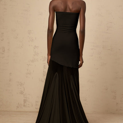 Luciana Black Sheer Tulle Maxi Dress with Off-Shoulder Silhouette and Pleated Detailing