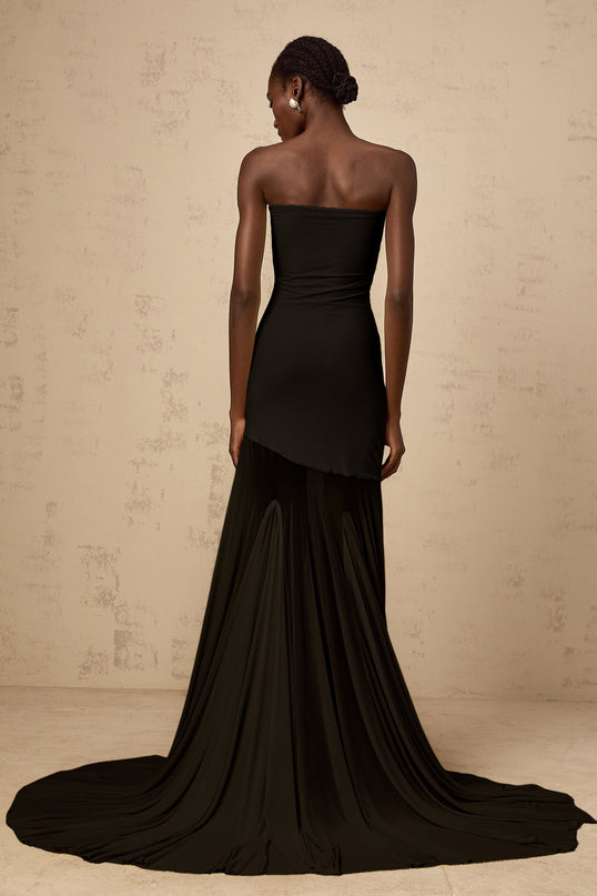 Luciana Black Sheer Tulle Maxi Dress with Off-Shoulder Silhouette and Pleated Detailing
