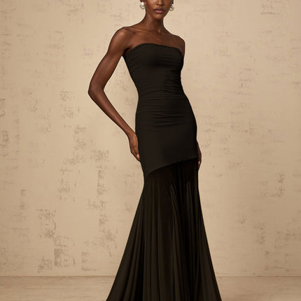 Luciana Black Sheer Tulle Maxi Dress with Pleated Detailing