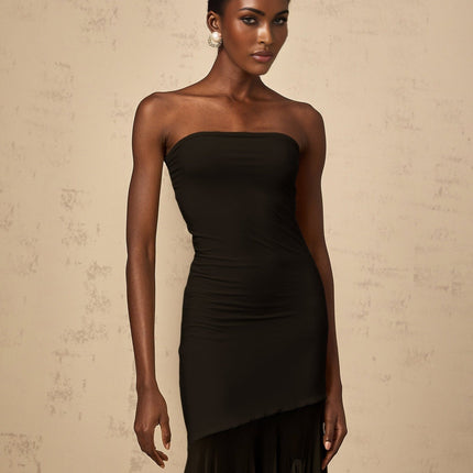 Luciana Black Sheer Tulle Maxi Dress Pleated Off-Shoulder Stretch Sleeveless Gown