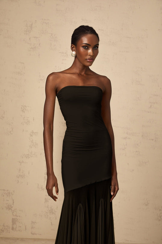 Luciana Black Sheer Tulle Maxi Dress Pleated Off-Shoulder Stretch Sleeveless Gown