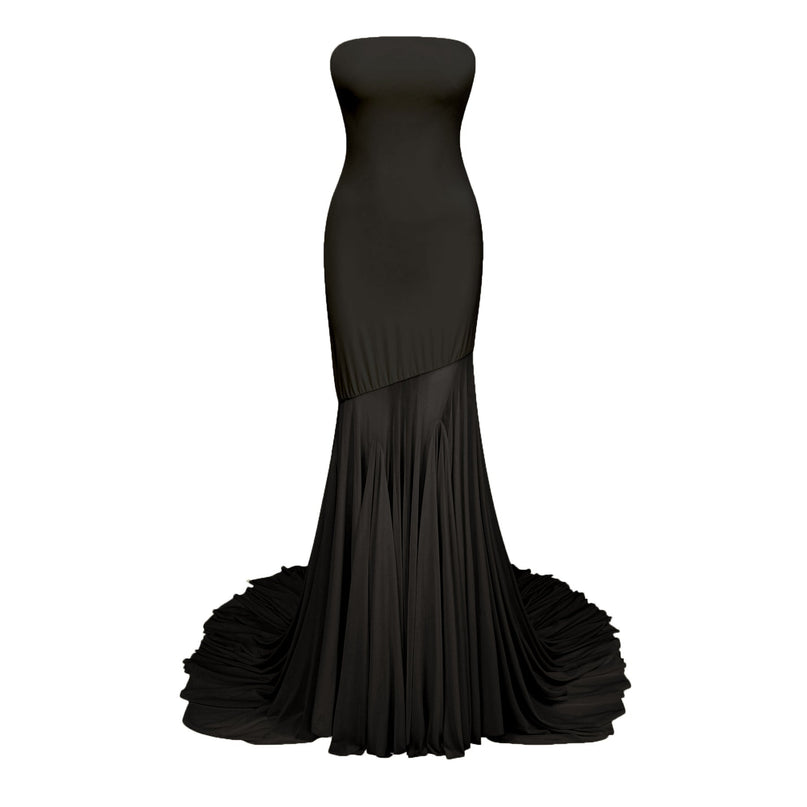 Luciana Black Sheer Tulle Maxi Dress with Off-Shoulder Silhouette and Pleated Detailing