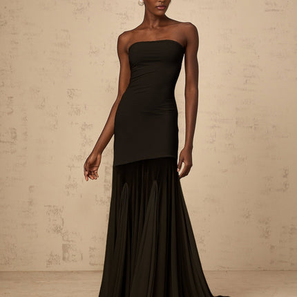 Luciana Black Sheer Tulle Maxi Dress with Off-Shoulder Silhouette and Pleated Detailing