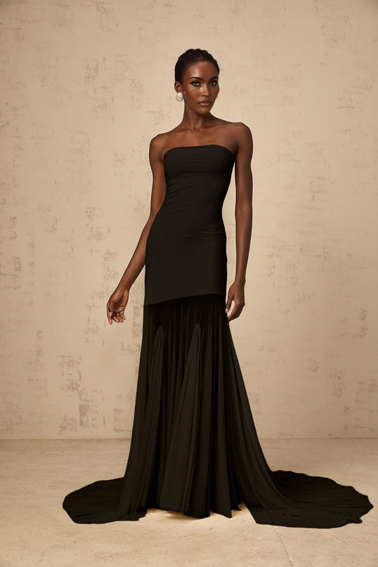 Luciana Black Sheer Tulle Maxi Dress with Off-Shoulder Silhouette and Pleated Detailing