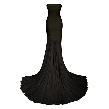 Luciana Black Sheer Tulle Maxi Dress with Off-Shoulder Silhouette and Pleated Detailing