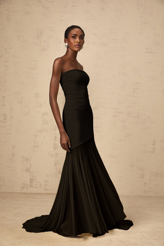Luciana Black Sheer Tulle Maxi Dress with Pleated Detailing