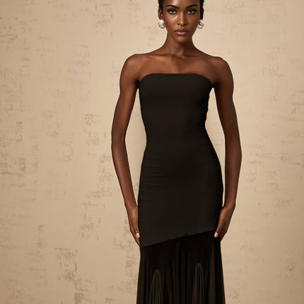 Luciana Black Sheer Tulle Maxi Dress with Off-Shoulder Silhouette