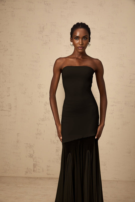 Luciana Black Sheer Tulle Maxi Dress with Off-Shoulder Silhouette