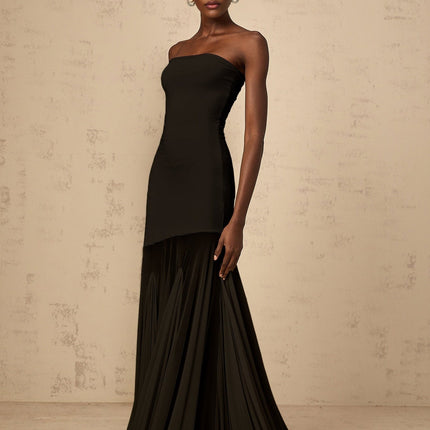 Luciana Black Sheer Tulle Maxi Dress with Off-Shoulder Silhouette and Pleated Detailing