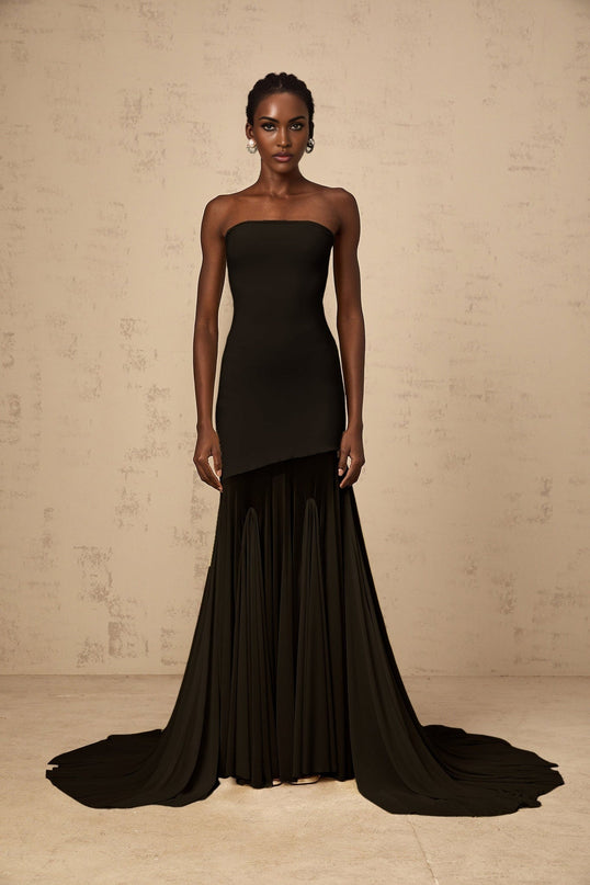 Luciana Black Sheer Tulle Maxi Dress with Pleated Detailing