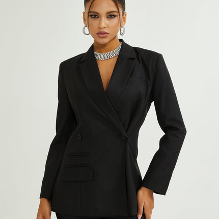 Luciana Black Wool Double Breasted Blazer Notched Lapels Shoulder Pads Cinched Waist Front Button Fastening 100 Percent Wool Composition
