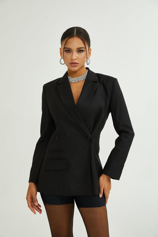 Luciana Black Wool Double Breasted Blazer Notched Lapels Shoulder Pads Cinched Waist Front Button Fastening 100 Percent Wool Composition