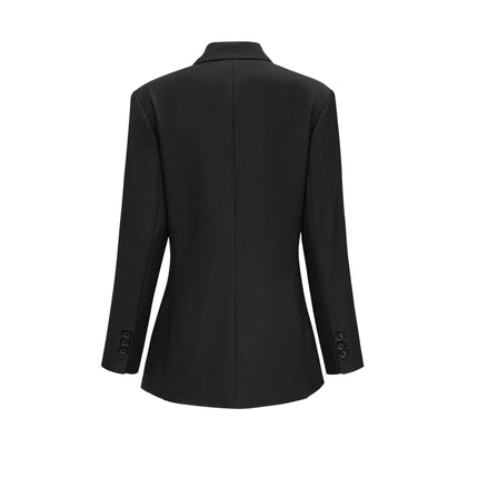 Luciana Black Wool Double-Breasted Blazer Notched Lapels Shoulder Pads Cinched Waist Front Button Fastening 100% Wool Composition
