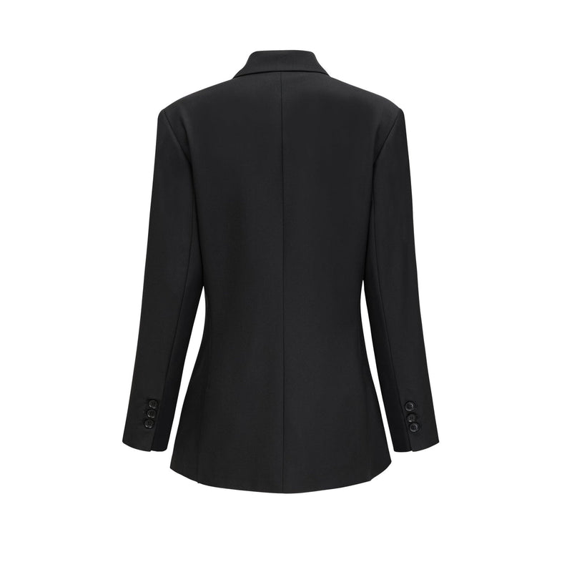 Luciana Black Wool Double-Breasted Blazer Notched Lapels Shoulder Pads Cinched Waist Front Button Fastening 100% Wool Composition