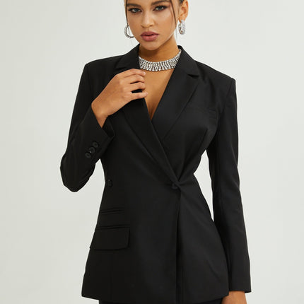 Luciana Black Wool Double-Breasted Blazer Notched Lapels Shoulder Pads Cinched Waist Front Button Fastening 100% Wool