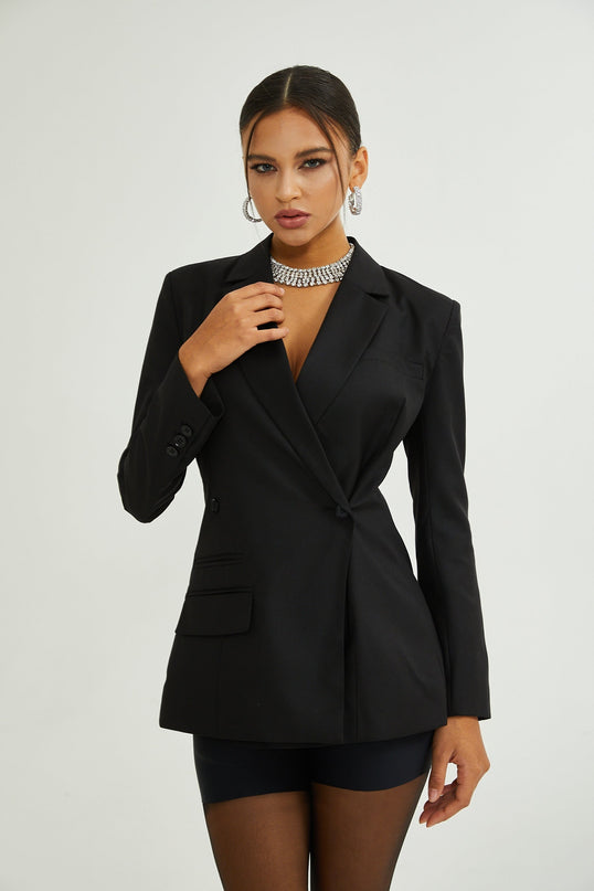 Luciana Black Wool Double-Breasted Blazer Notched Lapels Shoulder Pads Cinched Waist Front Button Fastening 100% Wool