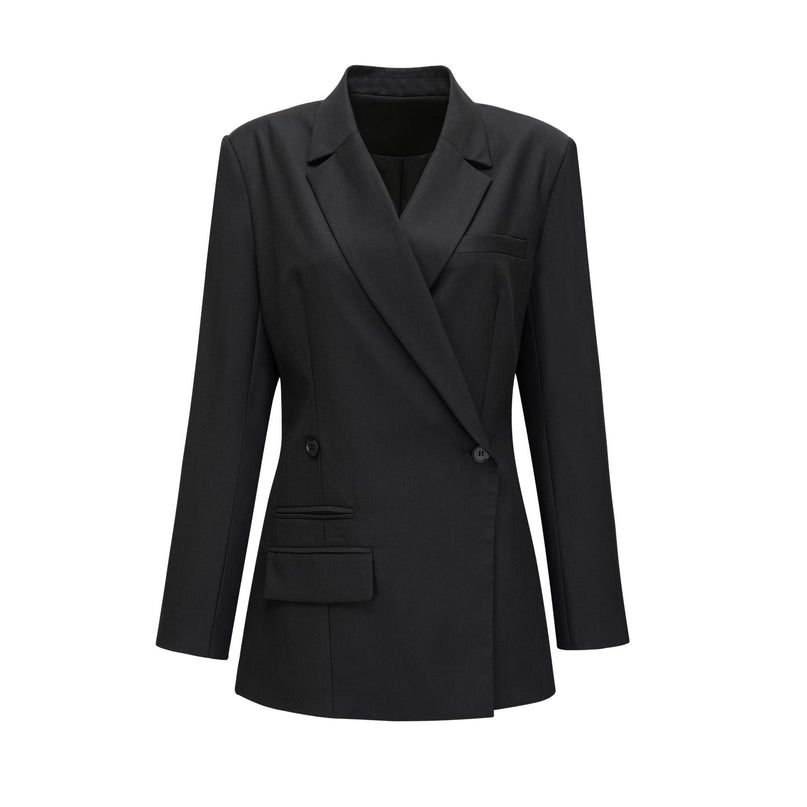 Luciana Black Wool Double Breasted Blazer Notched Lapels Shoulder Pads Cinched Waist Front Button Fastening 100% Wool