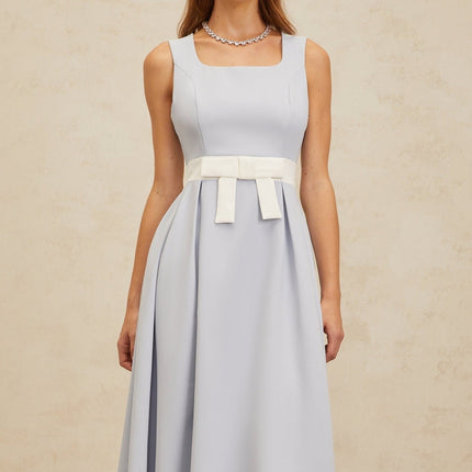 Luciana Blue and White Midi Dress with Square Neckline and Bow Embellishment