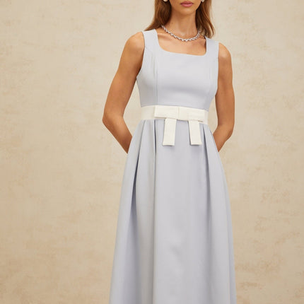Luciana Blue and White Midi Dress with Square Neckline and Bow Embellishment