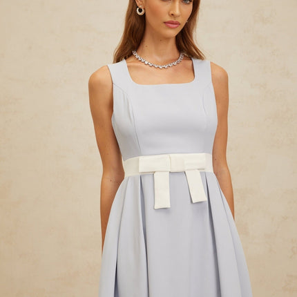 Luciana Blue and White Midi Dress with Square Neckline and Bow Embellishment