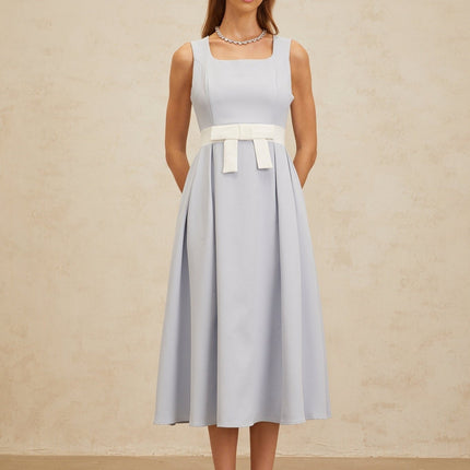 Luciana Blue and White Midi Dress with Square Neckline and Bow Embellishment