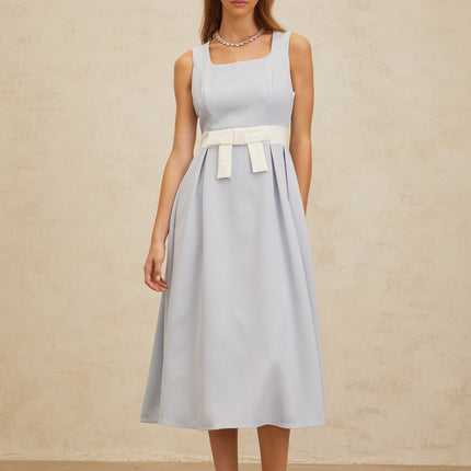 Luciana Blue and White Midi Dress with Square Neckline and Bow Embellishment