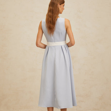 Luciana Blue and White Midi Dress with Square Neckline and Bow Embellishment