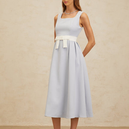 Luciana Blue and White Midi Dress with Square Neckline and Bow Embellishment