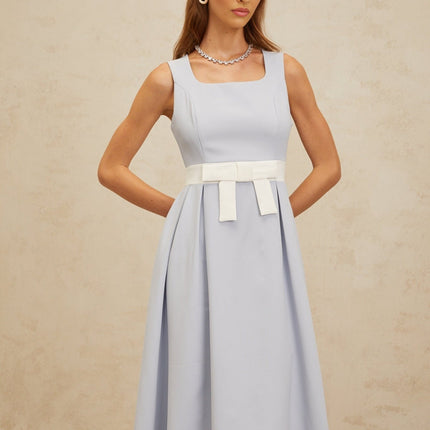 Luciana Blue and White Midi Dress with Square Neckline and Bow Embellishment