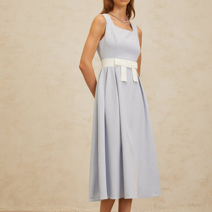 Luciana Blue and White Midi Dress with Square Neckline and Bow Embellishment