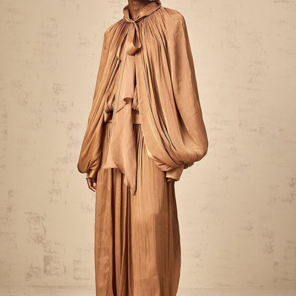 Luciana Brown Ribbon Tie-Neck Satin Maxi Dress