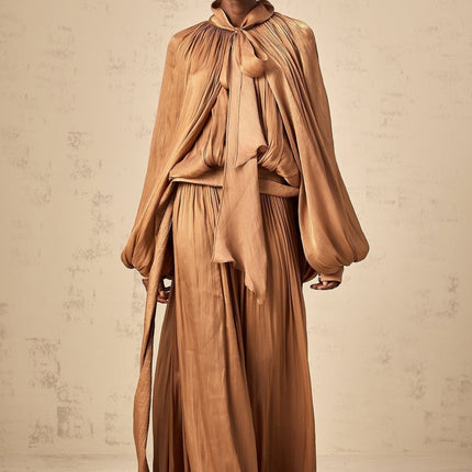 Luciana Brown Ribbon Tie-Neck Satin Maxi Dress