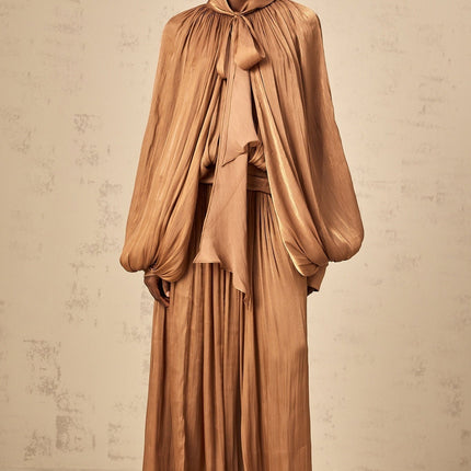 Luciana Brown Satin Maxi Dress with Ribbon Tie-Neck and Dolman Sleeves