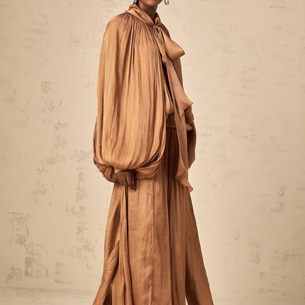 Luciana Brown Satin Maxi Dress with Ribbon Tie-Neck and Dolman Sleeves