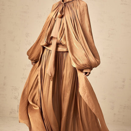 Luciana Brown Satin Maxi Dress with Ribbon Tie-Neck and Pleats