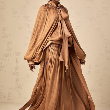 Luciana Brown Satin Maxi Dress with Ribbon Tie-Neck and Dolman Sleeves