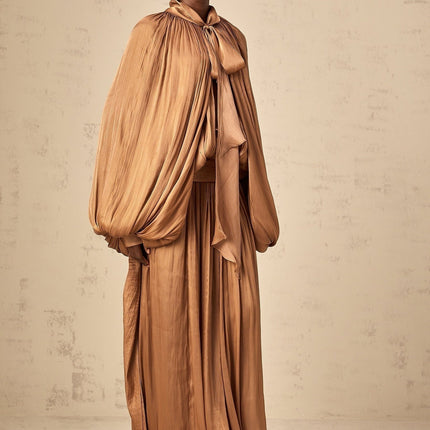 Luciana Brown Satin Ribbon Tie-Neck Maxi Dress Dolman Sleeves Draped Detailing
