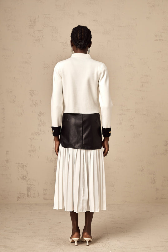 Luciana White Knit Jacket with Star Motif and Mock Neck